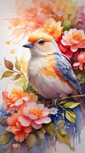 Photo water color flower and bird