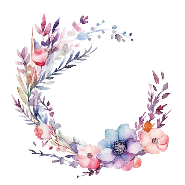 Water color flowers forming circle on white background