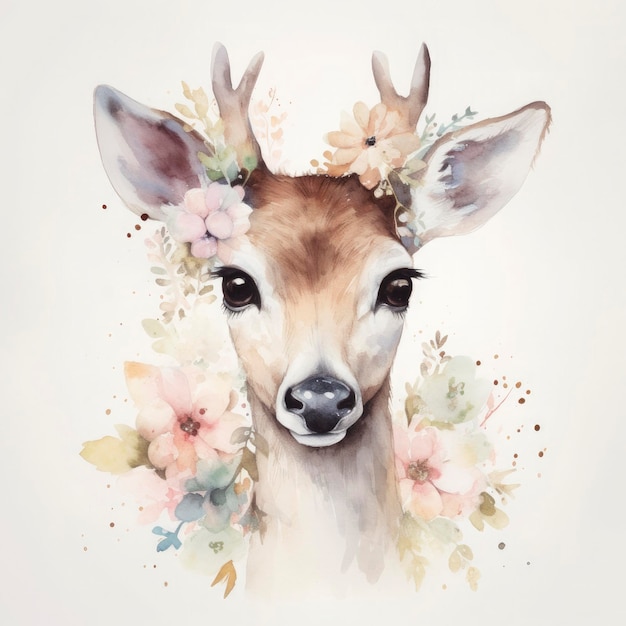 Water color full frame animals with flowers on white background soft colors minimalist Generate Ai