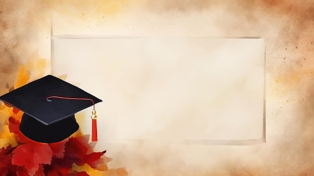 Photo water color illustration of graduation cap in the left angle with autumn leaves and copyspace