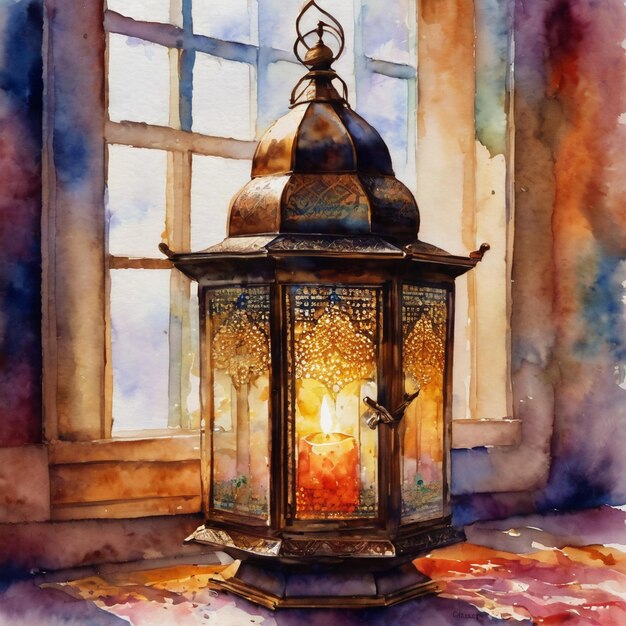 A water color lantern in the middle of a night scene