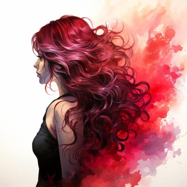 Water color of a models ombre hair with ruby red and black