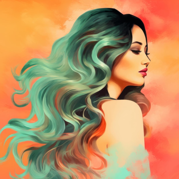 Water color of a models ombre hair with tangerine and aqua