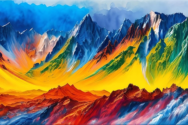 Water color or oil painting fine art illustration of abstract colorful panoramic mountain and nature print digital art