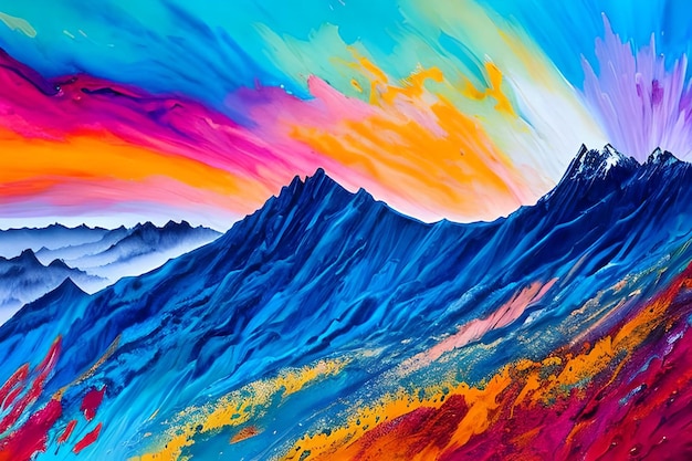 Water color or oil painting fine art illustration of abstract colorful panoramic mountain and nature print digital art