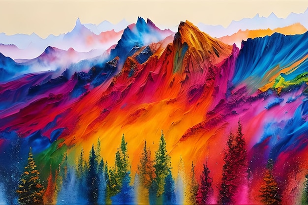 Water color or oil painting fine art illustration of abstract colorful panoramic mountain and nature print digital art