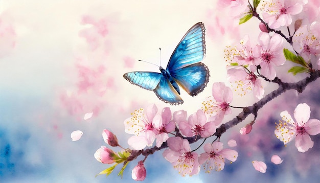 Водяная краска голубой бабочки, летящей на розовом вишневом цвете, мягкий солнечный свет весной