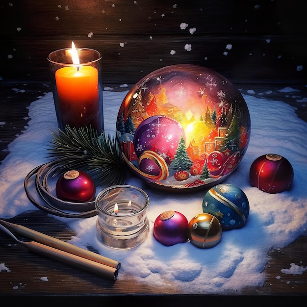 Water color painting of Christmas Ornaments and candles in a cold snowy dark night