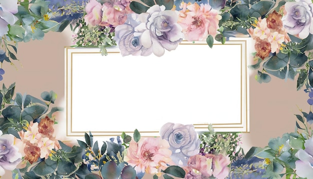 水彩パステル花と花の結婚式の装飾的な完璧な長方形のフレームの境界線
