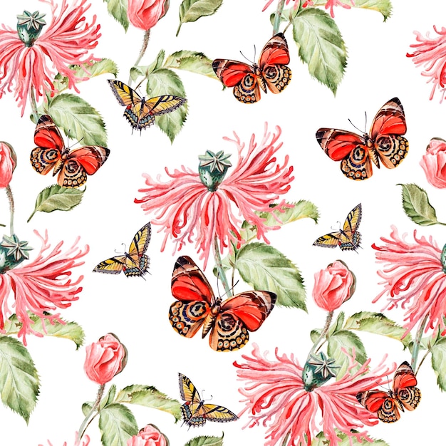 Water color pattern with poppy flowers and butterflies
