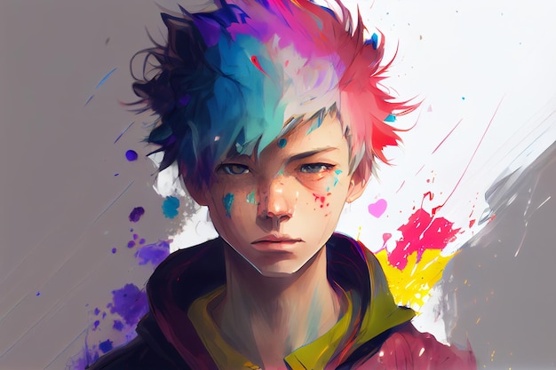 Water color portrait of a boy, anime style digital art