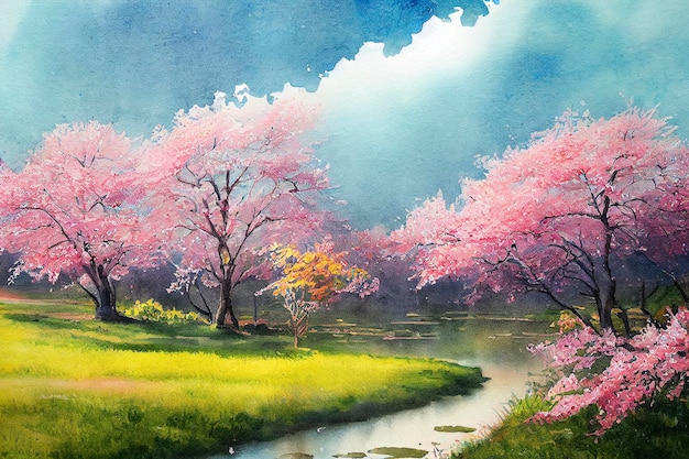 水彩画の桜の木 美しい桜の木が描かれた手描きの水彩画の風景