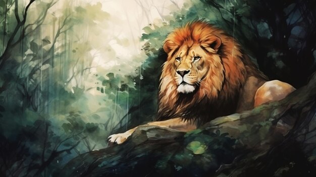 water color style of full body potrait of lion surrounded by dark forest Generative Ai