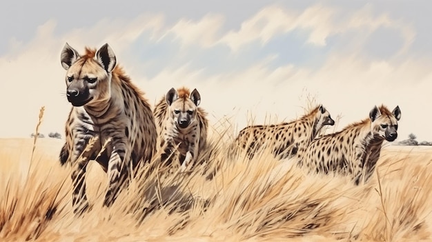 water color style of Group of hyena on the savannah Generative Ai