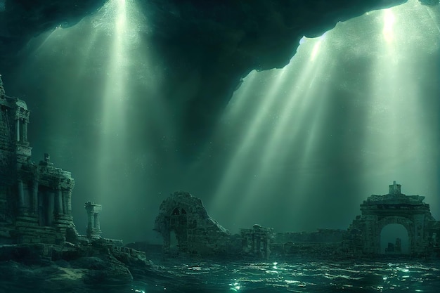 Under the water column in the sea cave are the ruined remains of a temple 3D illustration