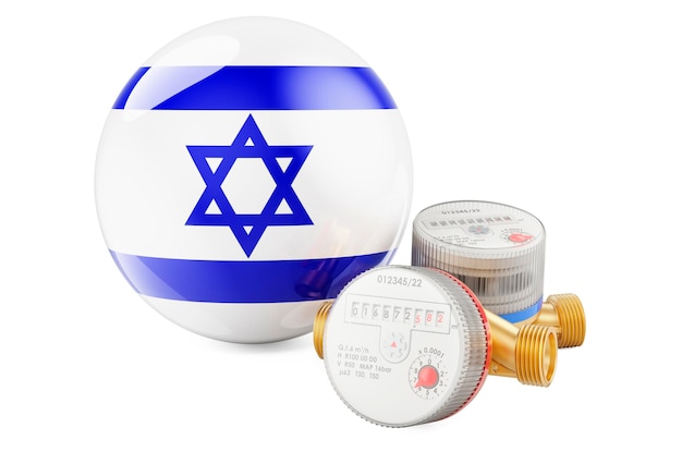 Water consumption in Israel Water meters with Israeli flag 3D rendering isolated on white background