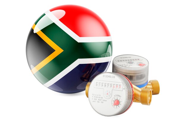 Water consumption in South Africa Water meters with South African flag 3D rendering isolated on white background