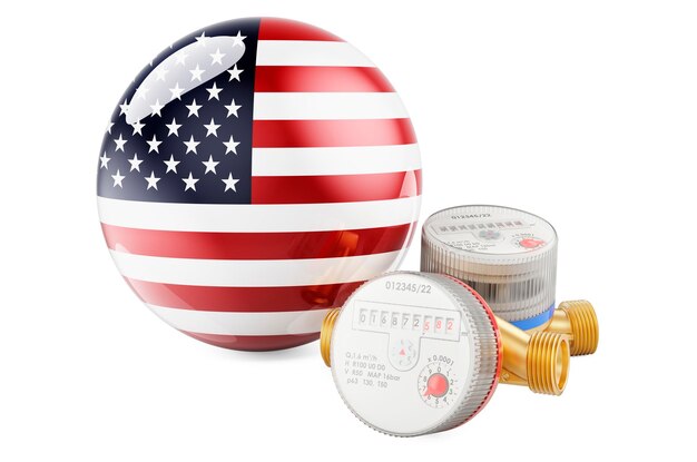 Photo water consumption in the usa water meters with the united states flag 3d rendering