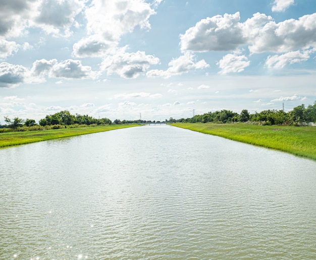 Water conveyance and distribution canals .an irrigation canal\
with a path running alongside it among green filed and blue sky.\
beautiful landscape in bang len, nakhon pathom, thailand