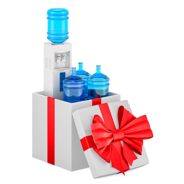 Water cooler with water dispenser bottles inside gift box present concept 3D rendering