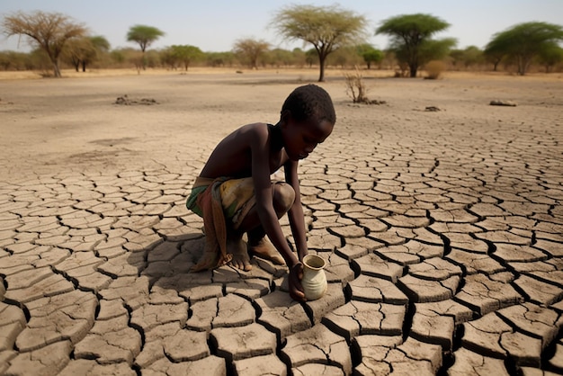 Water crisis Child sit on cracked earth near drying water