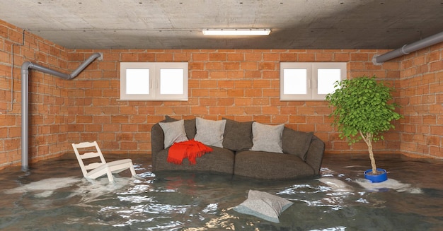 water damager after flooding in basement with floating sofa and furniture