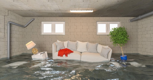 water damager after flooding in basement with furniture floating