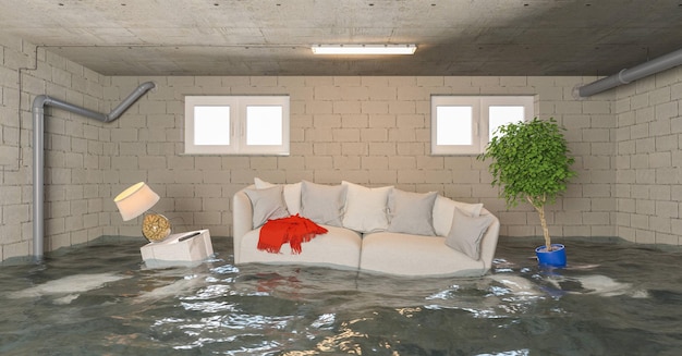 Water damager after flooding in basement with furniture floating