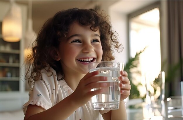 water day beautiful happy girl drinking a glass of water to start the day in the kitchen