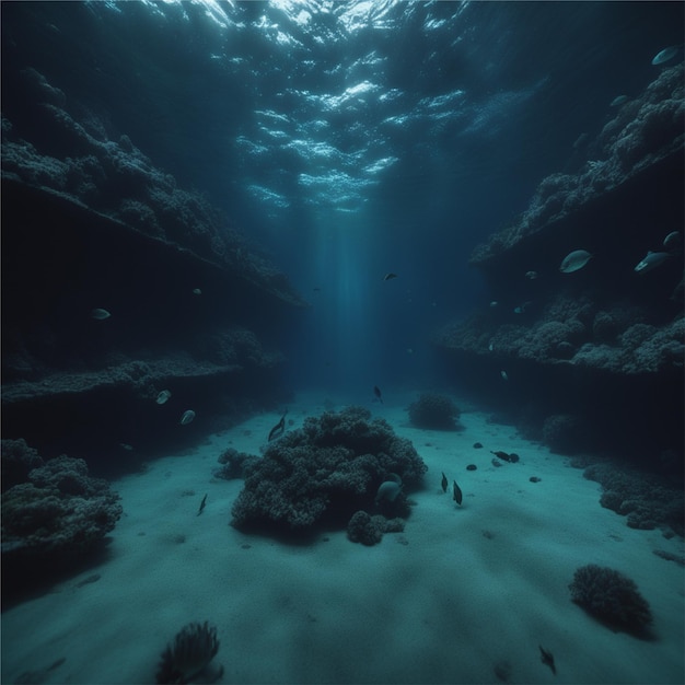 Under water deep sea dark cinematic small glow wide angle