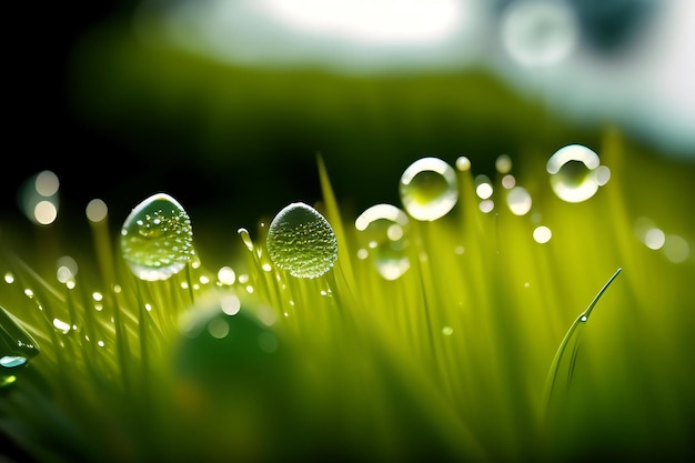 Water dew drops on blades of grass Morning moisture on the lawn Summer rain