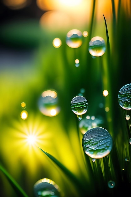 草の葉に落ちる水露 芝生の朝の湿気 夏の雨