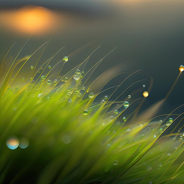 Water dew drops on blades of grass Morning moisture on the lawn Summer rain