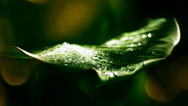 Water dew drops on deep green leaf moody nature macro shot space for text