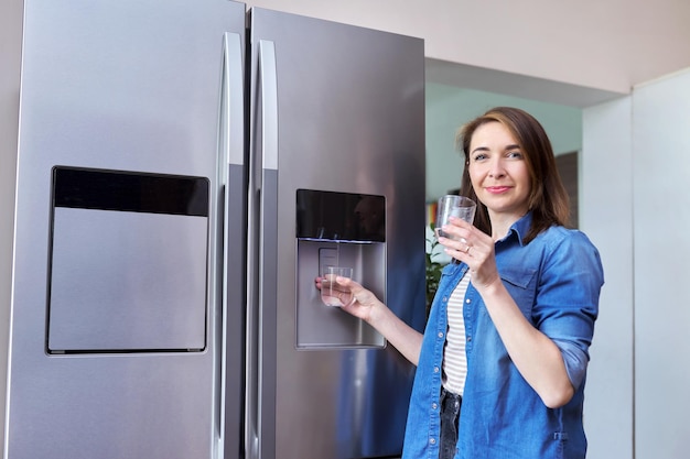 Donna dell'erogatore d'acqua che prende l'acqua fredda nel bicchiere dal frigorifero di casa