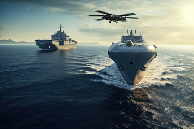 Water drone in de buurt van een groot militair schip