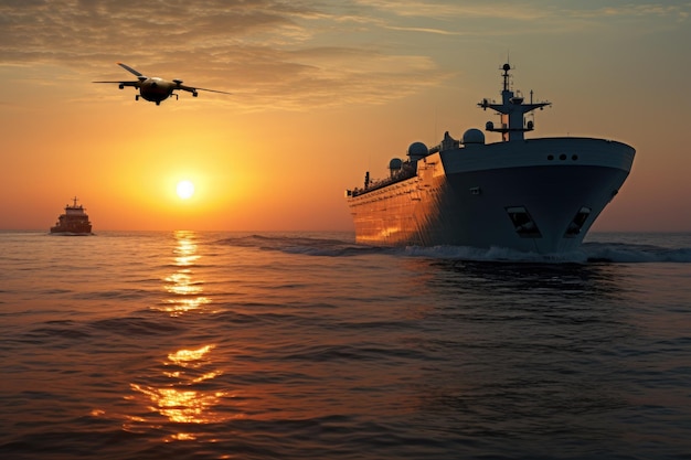 Water drone in de buurt van een groot militair schip