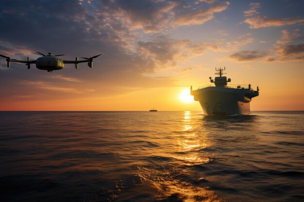 Water drone near a large military ship