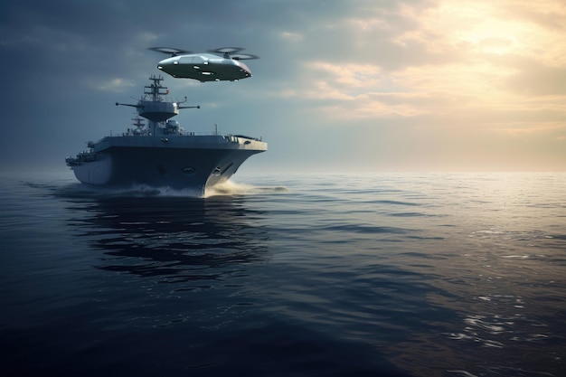 Water drone near a large military ship