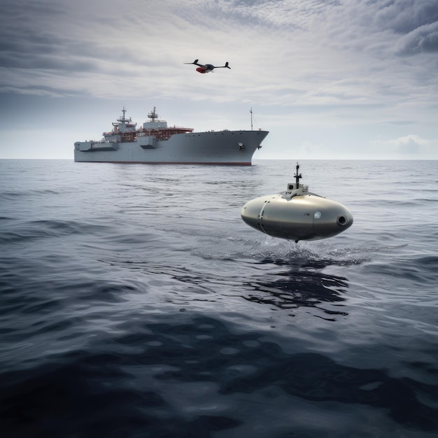 Water drone near a large military ship