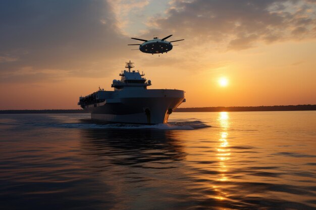 Water drone near a large military ship