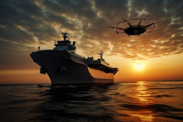 Water drone near a large military ship