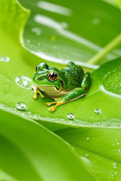 Капля воды и лягушка на листе