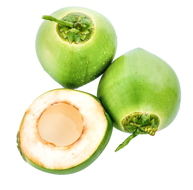 워터 드롭 녹색 코코넛 흰색 배경에 고립