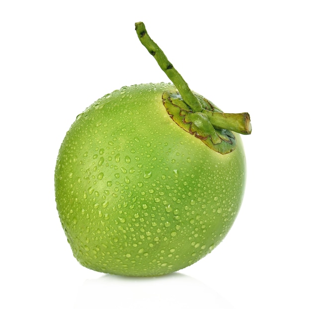 Water drop green coconut isolated on white background