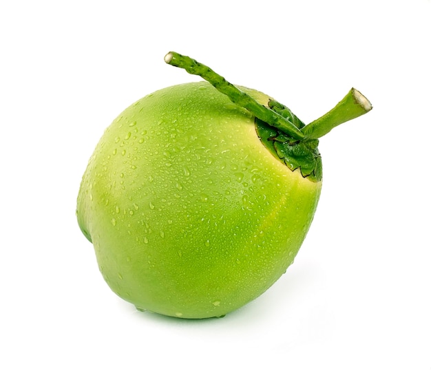 Water drop green coconut isolated on white