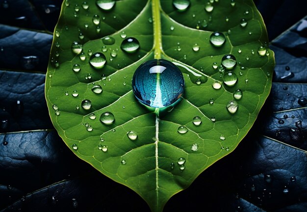 Photo water drop on green leaf with nature background