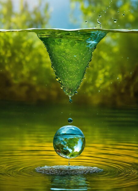 a water drop is being poured into a green water drop