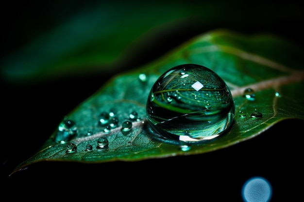 A water drop on a leaf with the word water on it