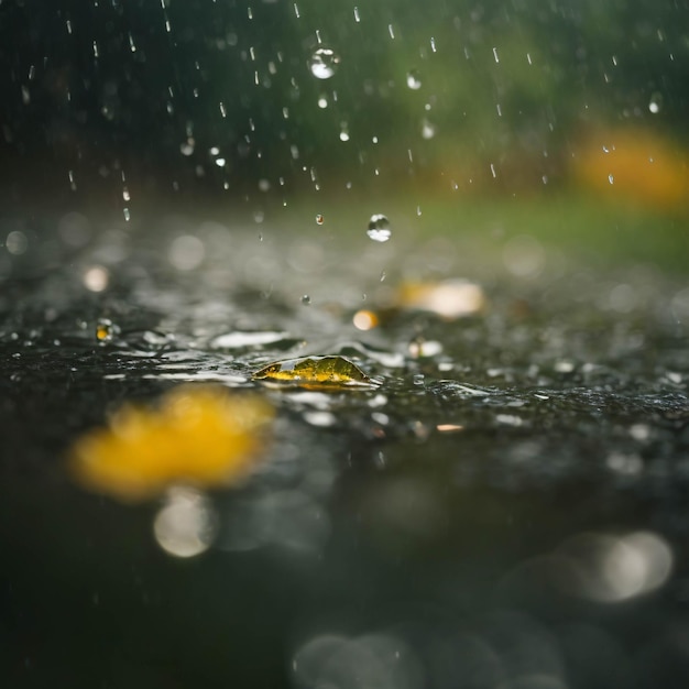 雨 の 日 に 道路 に 水 が 落ちる ドラマチック な 場面 を 近く から 撮影 し た 湿った 都市 写真